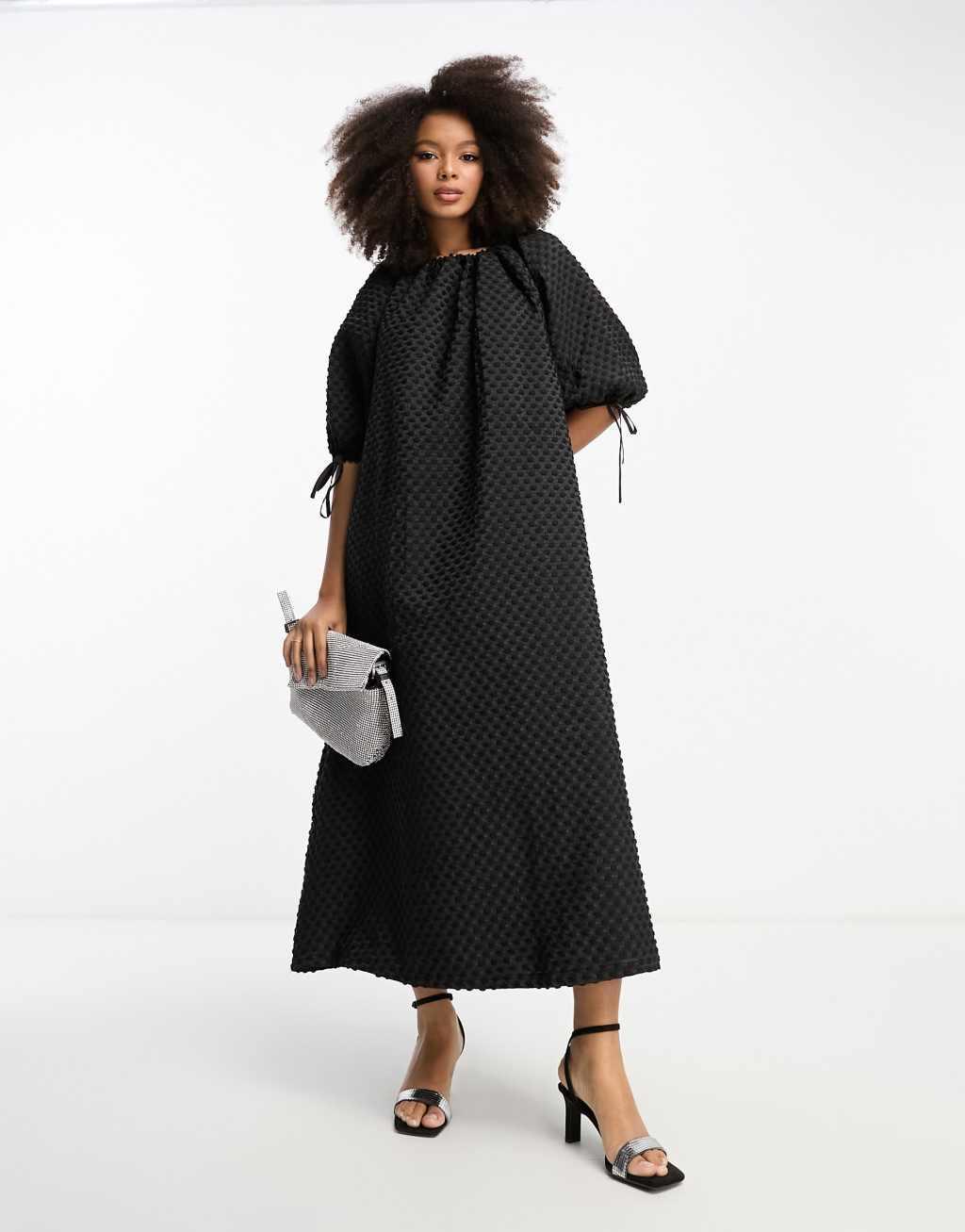 ASOS DESIGN textured midi smock dress with gathered neck Product Image