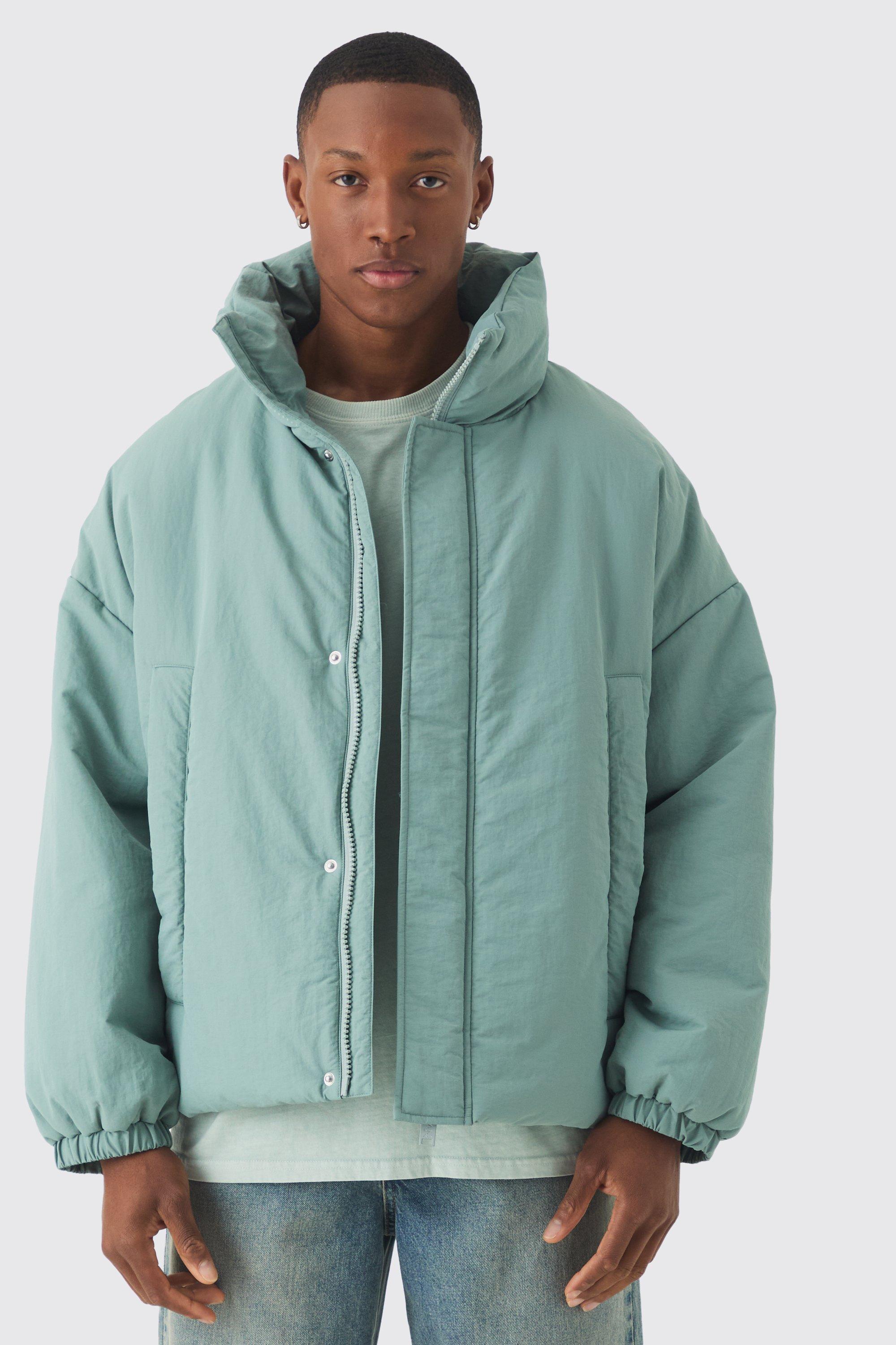 Oversized Boxy Padded Funnel Neck Coat In Sage | boohooMAN USA Product Image