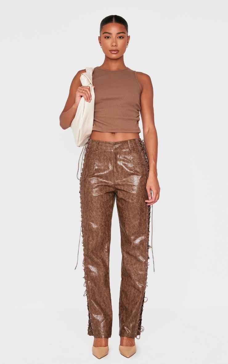 Brown Faux Leather Lace Up Straight Leg Pants product image