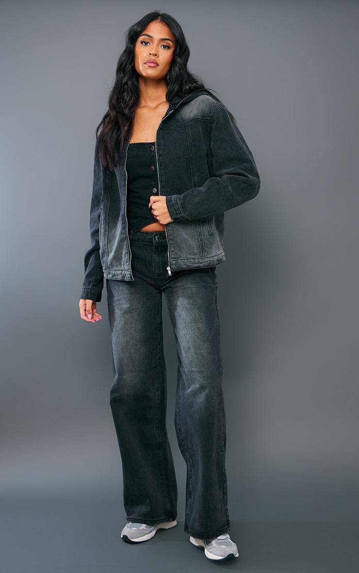 Tall Washed Black Oversized Hooded Zip Up Denim Jacket Product Image