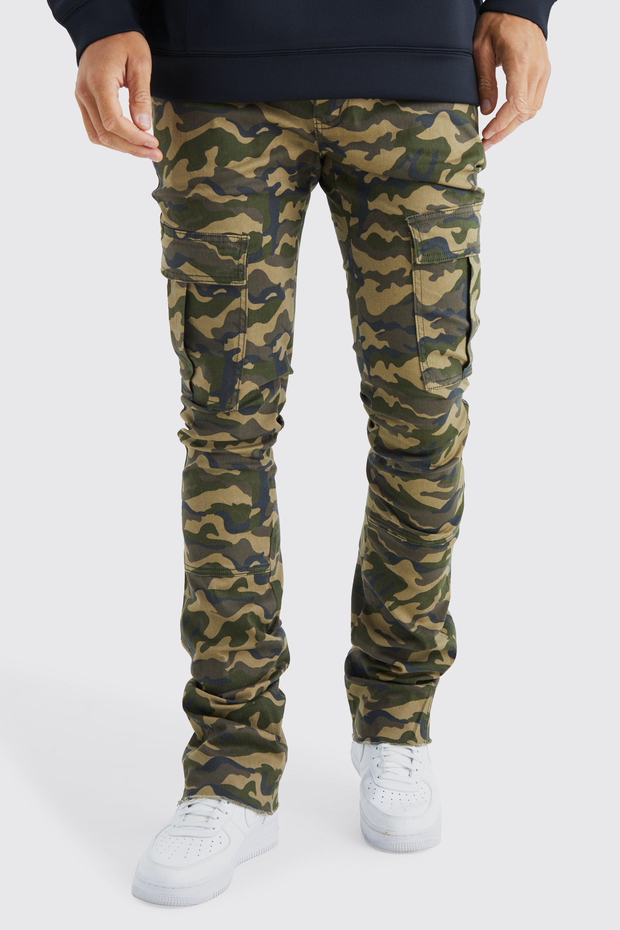 Tall Skinny Stacked Flare Gusset Camo Cargo Pants | boohooMAN USA Product Image