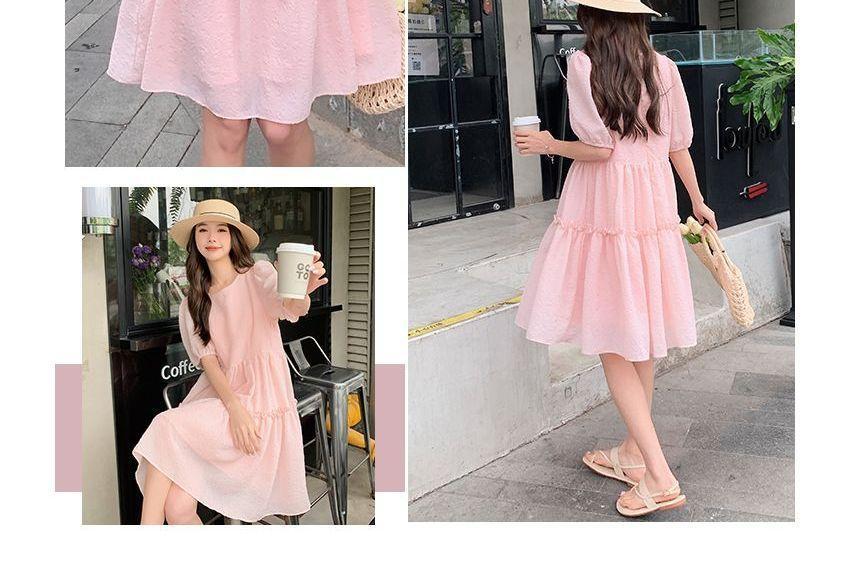 Short-Sleeve Round Neck Plain Frill Panel Mini A-Line Dress Product Image