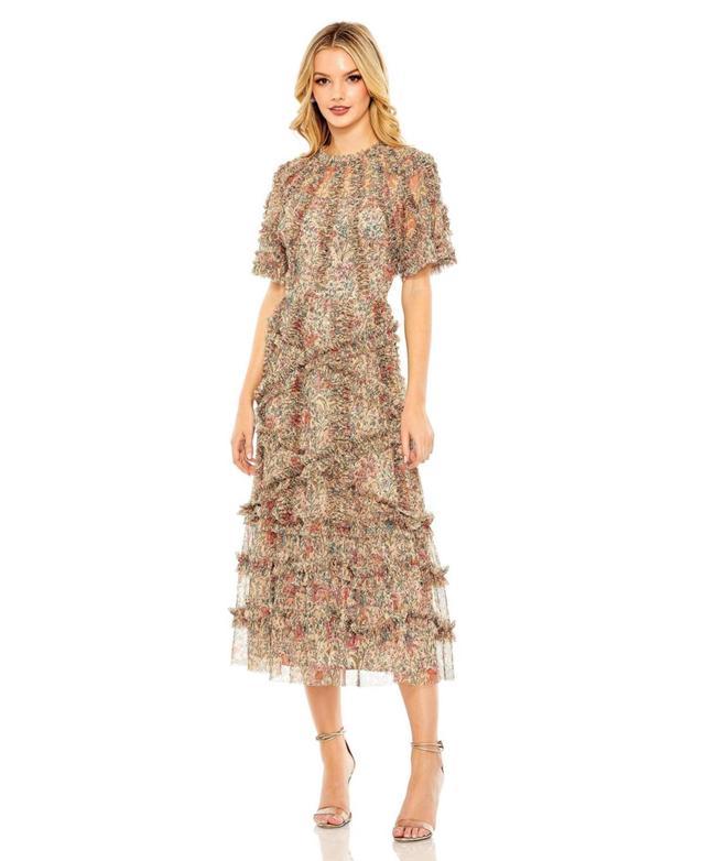 Mac Duggal Floral Print Ruffle Embellished Short Flutter Sleeve Crew Neck Midi Dress Product Image