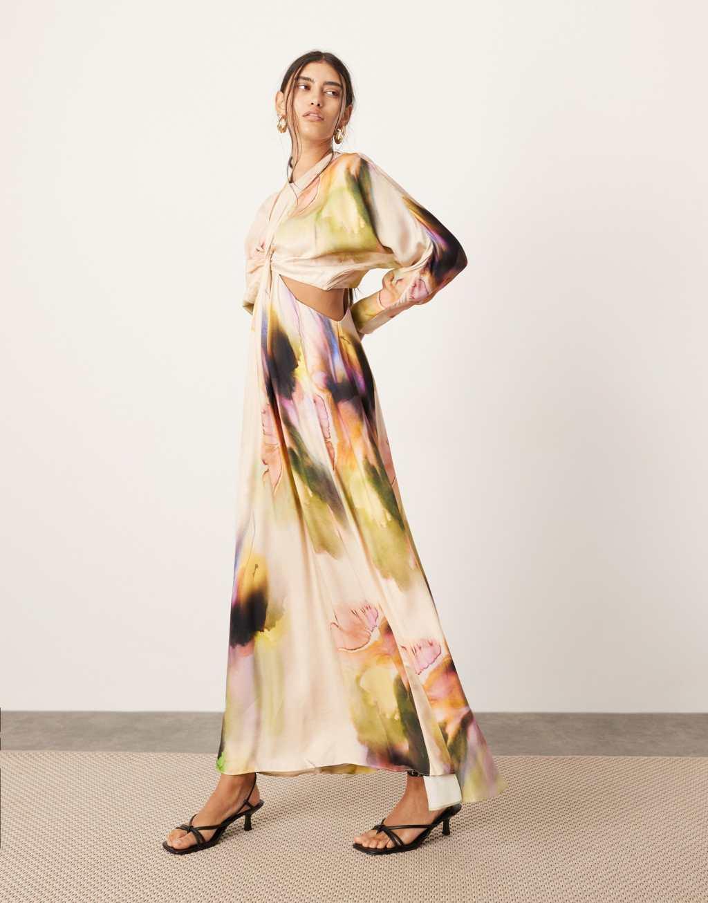 ASOS EDITION satin batwing maxi dress with cut-out detail in pink print Product Image