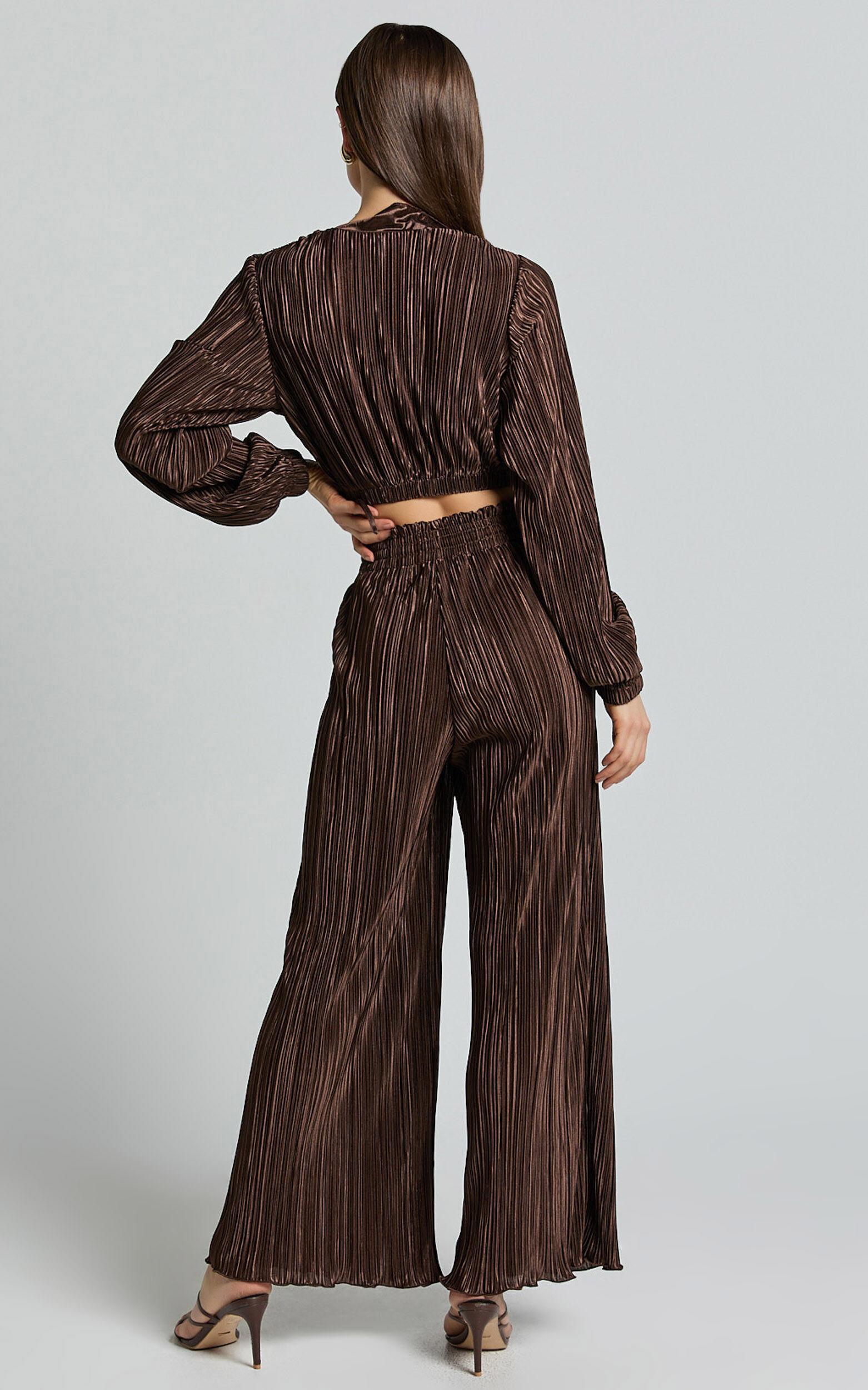 Kallie Pants - High Waist Drawstring Plisse Pants in Chocolate Product Image