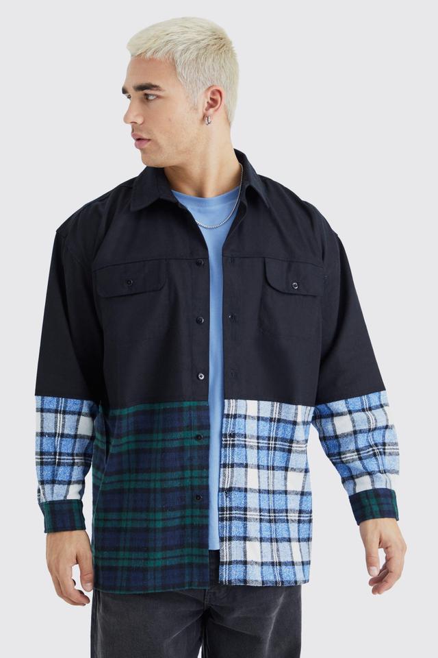 Oversized Twill Spliced Flannel Shirt | boohooMAN USA Product Image