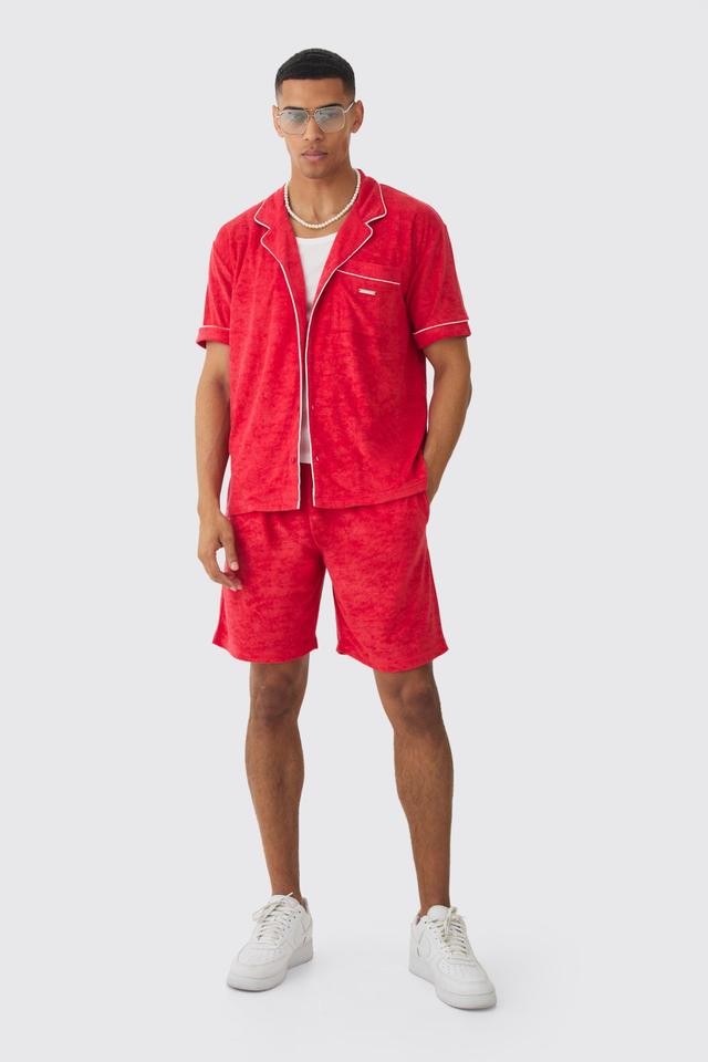 Contrast Piping Towelling Shirt And Short Set | boohooMAN USA Product Image