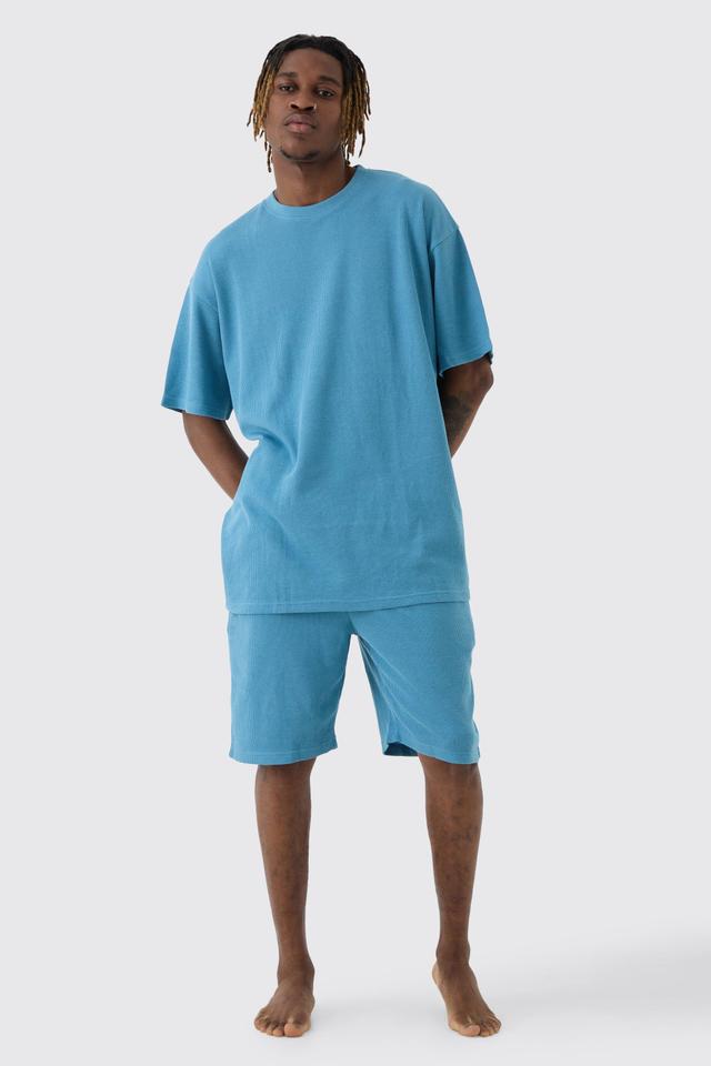 Mens Tall Oversized Waffle Lounge Short Set In Blue, Blue Product Image