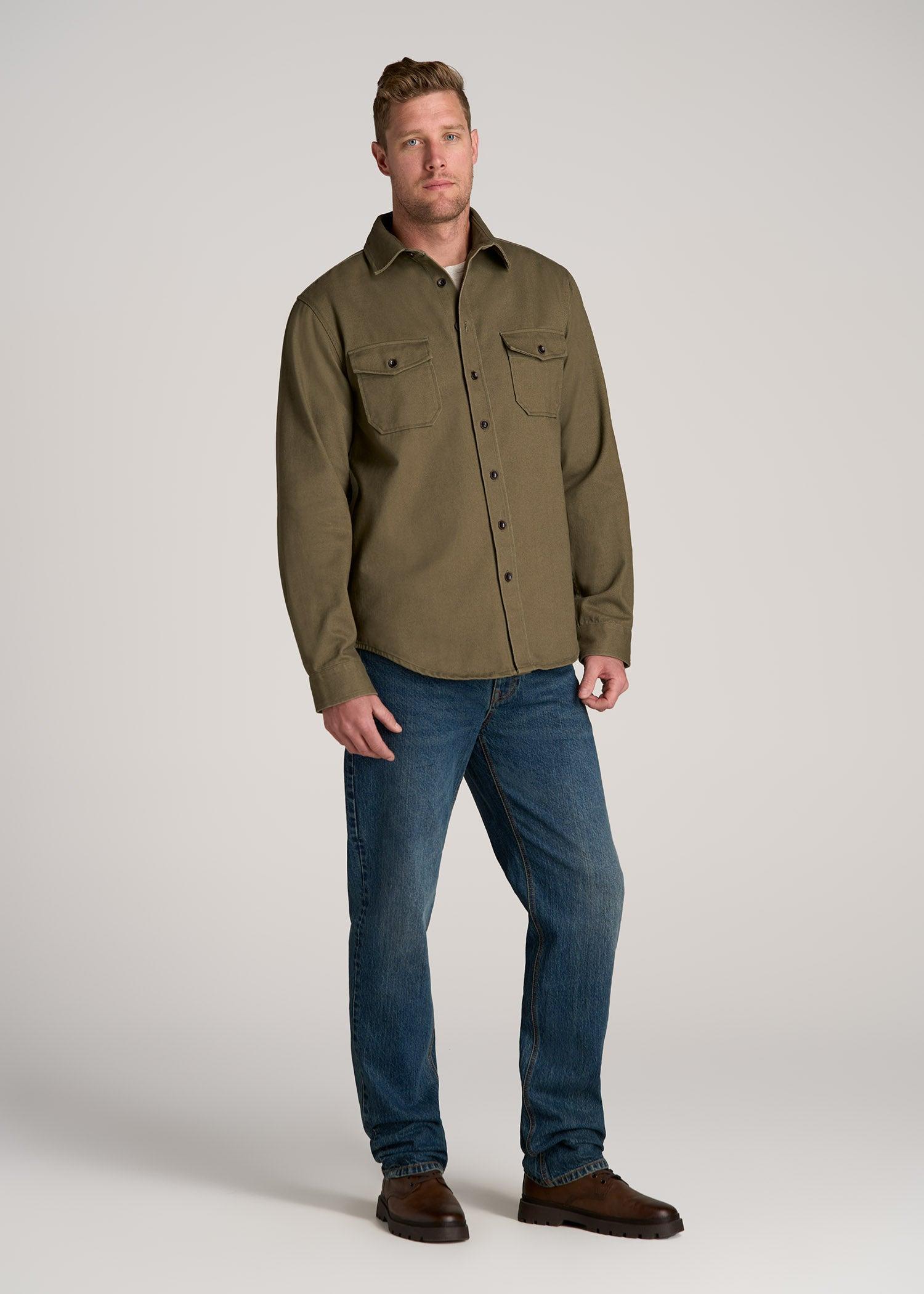 LJ&S Heavyweight Cotton Twill Overshirt for Tall Men in Vintage Moss Green Male Product Image