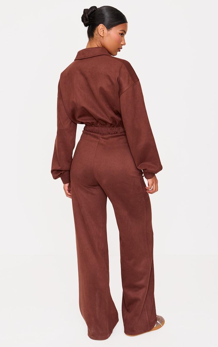 Chocolate Faux Suede Long Sleeve Straight Leg Jumpsuit Product Image