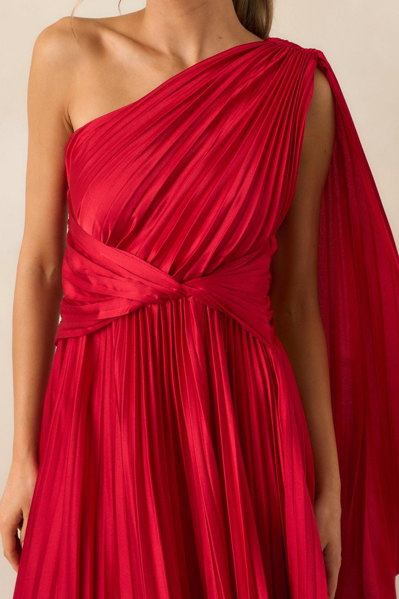 The One I Adore Red One Shoulder Pleated Maxi Dress Product Image