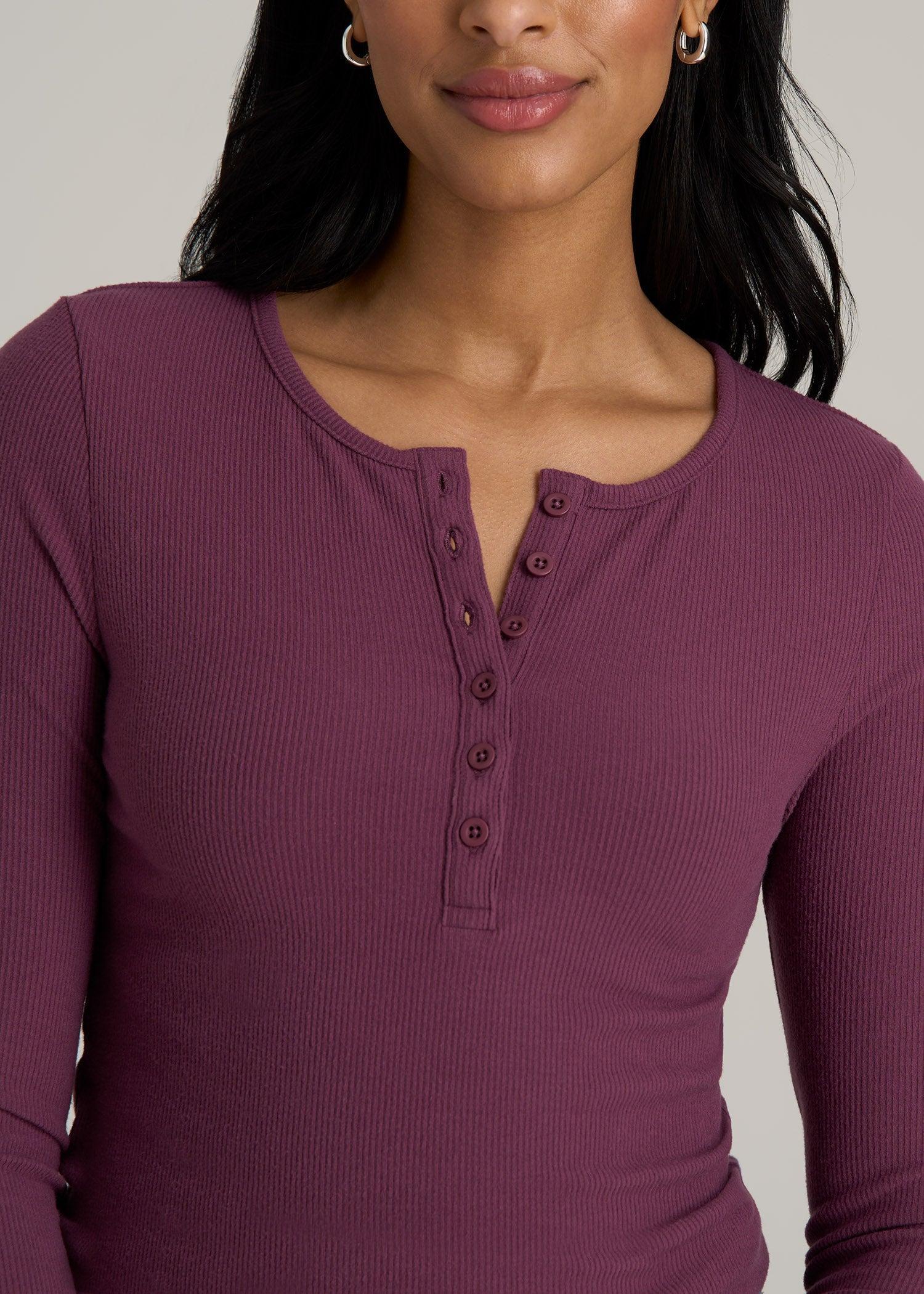 Long Sleeve Ribbed Crewneck Women's Tall Henley Shirt in Purple Gumdrop Female Product Image