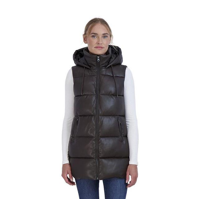 Womens Sebby Collection Faux-Leather Puffer Vest, Size: Small, Brown Product Image