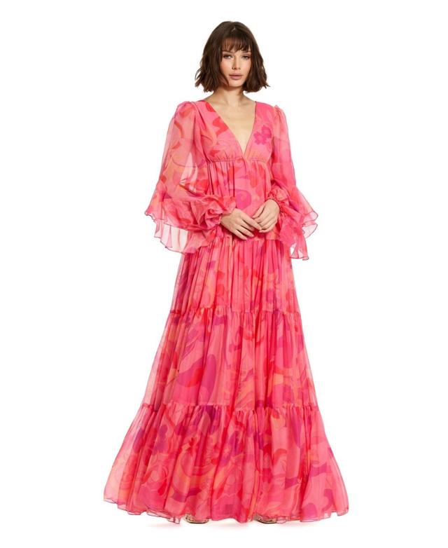 Mac Duggal Womens Printed Chiffon Ruffle Long Sleeve V Neck Gown Product Image