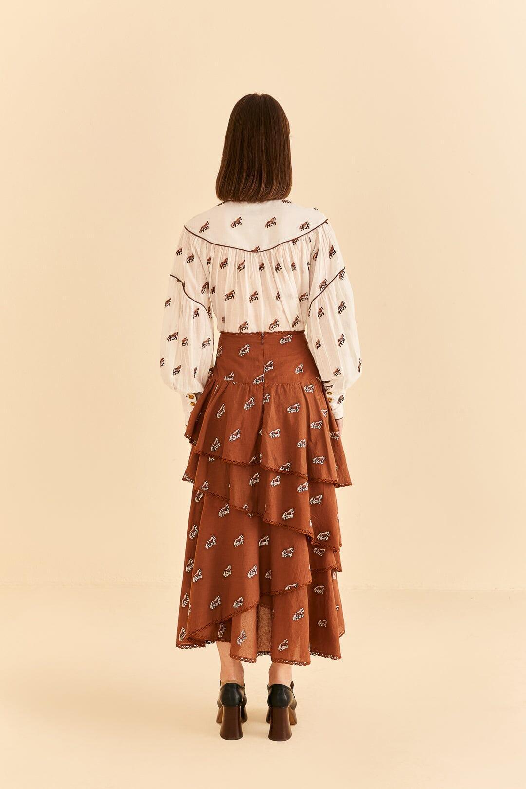 Caramel Embroidered Horses Layered Maxi Skirt Product Image