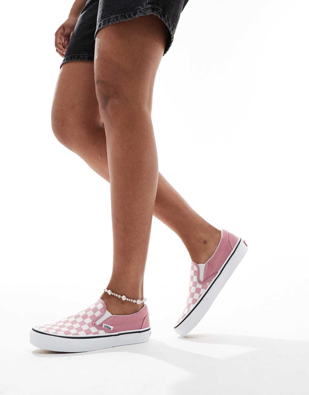 Vans Classic Slip-on checkerboard sneakers in pink and white Product Image