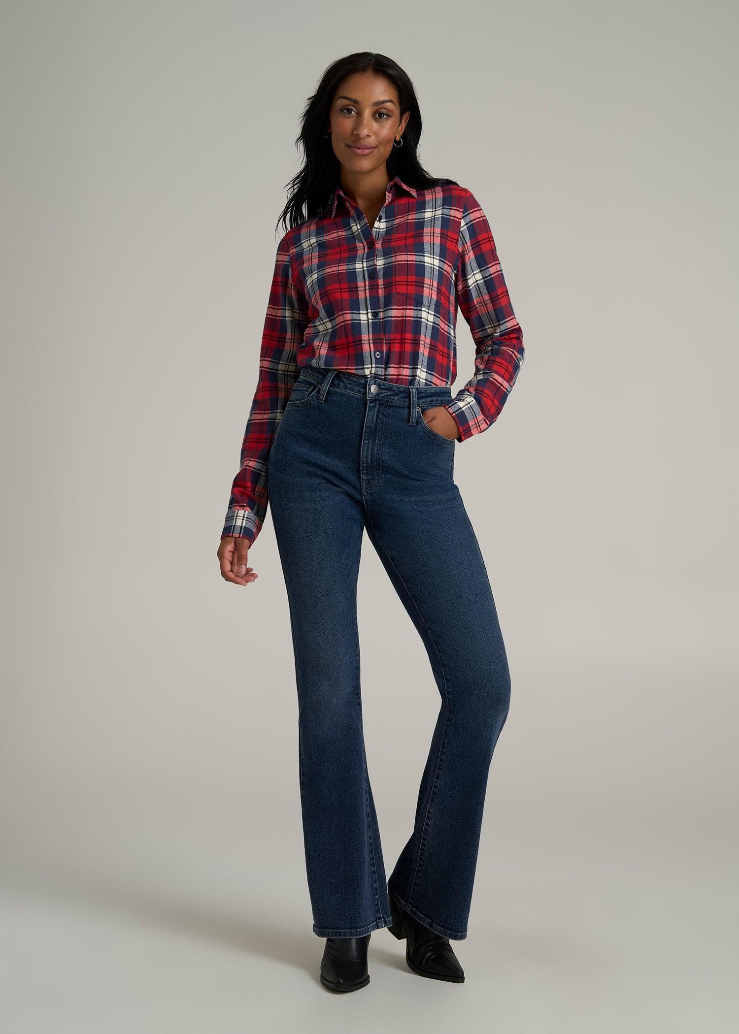 Flannel Button-Up Shirt for Tall Women in Rich Red Plaid Female Product Image