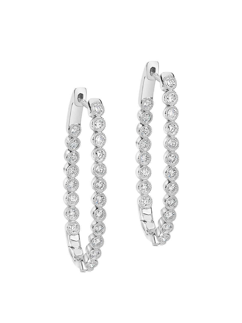 Womens 14K White Gold & Diamond Bezel Oval Hoop Earrings Product Image