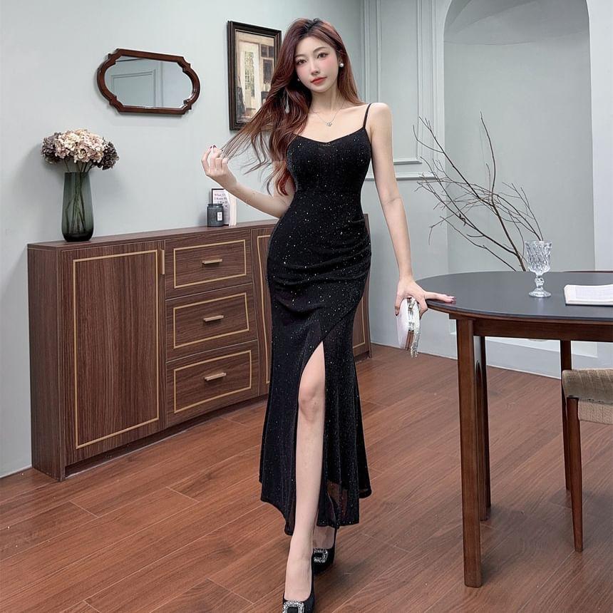 Spaghetti Strap V-Neck Slit Hem Asymmetrical Maxi Mermaid Dress Product Image