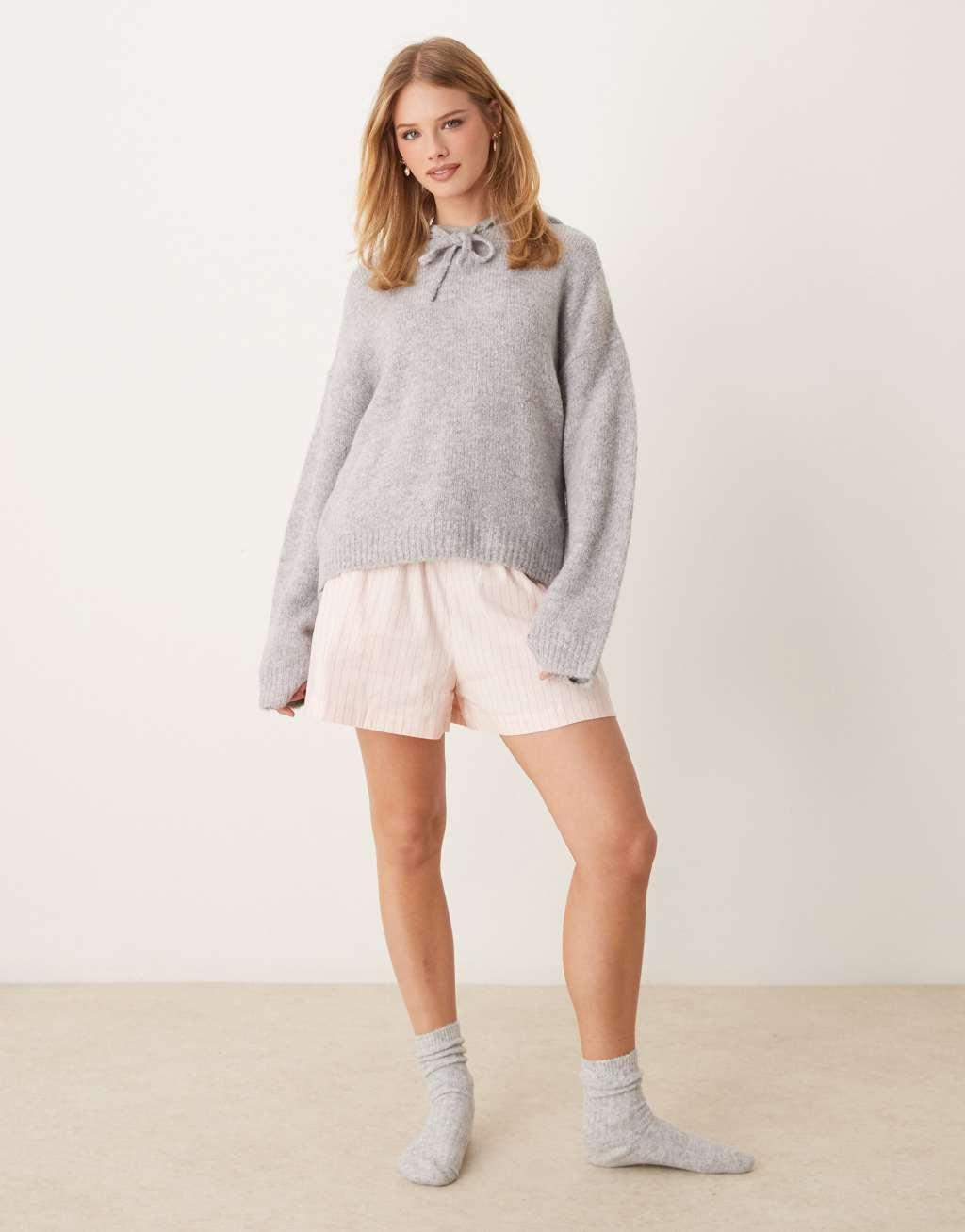 GINA TRICOT super soft fluffy knit oversized hoodie in heather gray Product Image