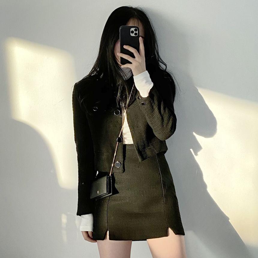 Crew Neck Plain Button-Up Tweed Crop Jacket / High Waist Slit Mini Pencil Skirt Product Image