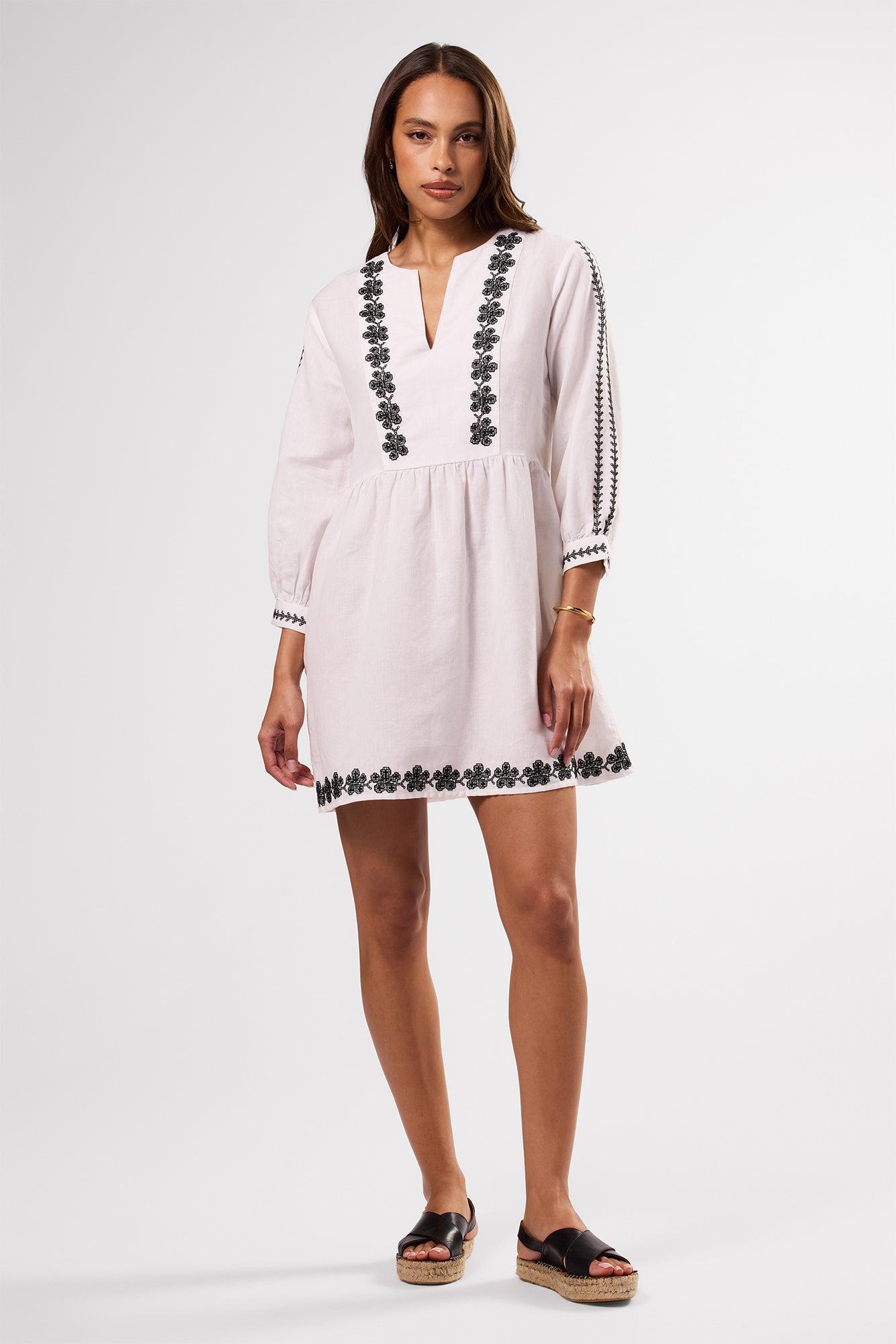 Placed Embroidery Dress - White Black Embroidery Product Image