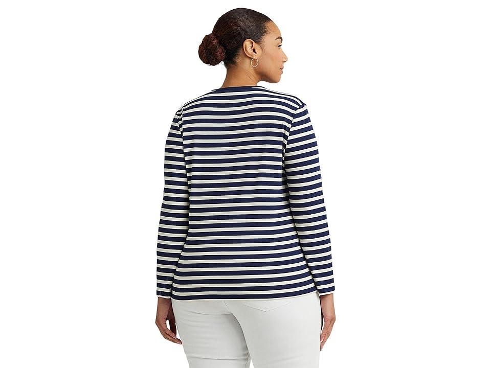 LAUREN Ralph Lauren Plus-Size Striped Cotton Long-Sleeve Tee (Refined /Mascarpone Cream) Women's Clothing Product Image