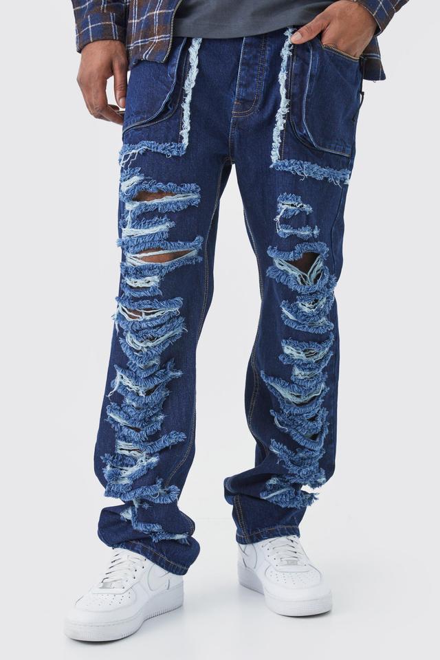 Tall Relaxed Rigid Distressed Ripped Cargo Pocket Jean | boohooMAN USA Product Image