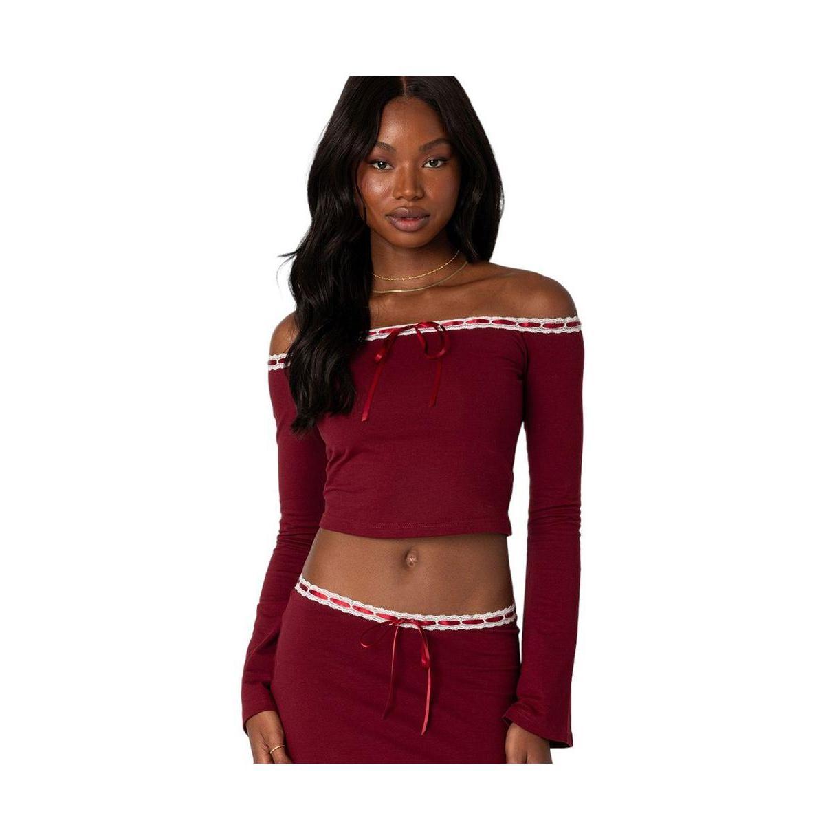 EDIKTED Seline Ribbon Trim Off the Shoulder Crop Top Product Image