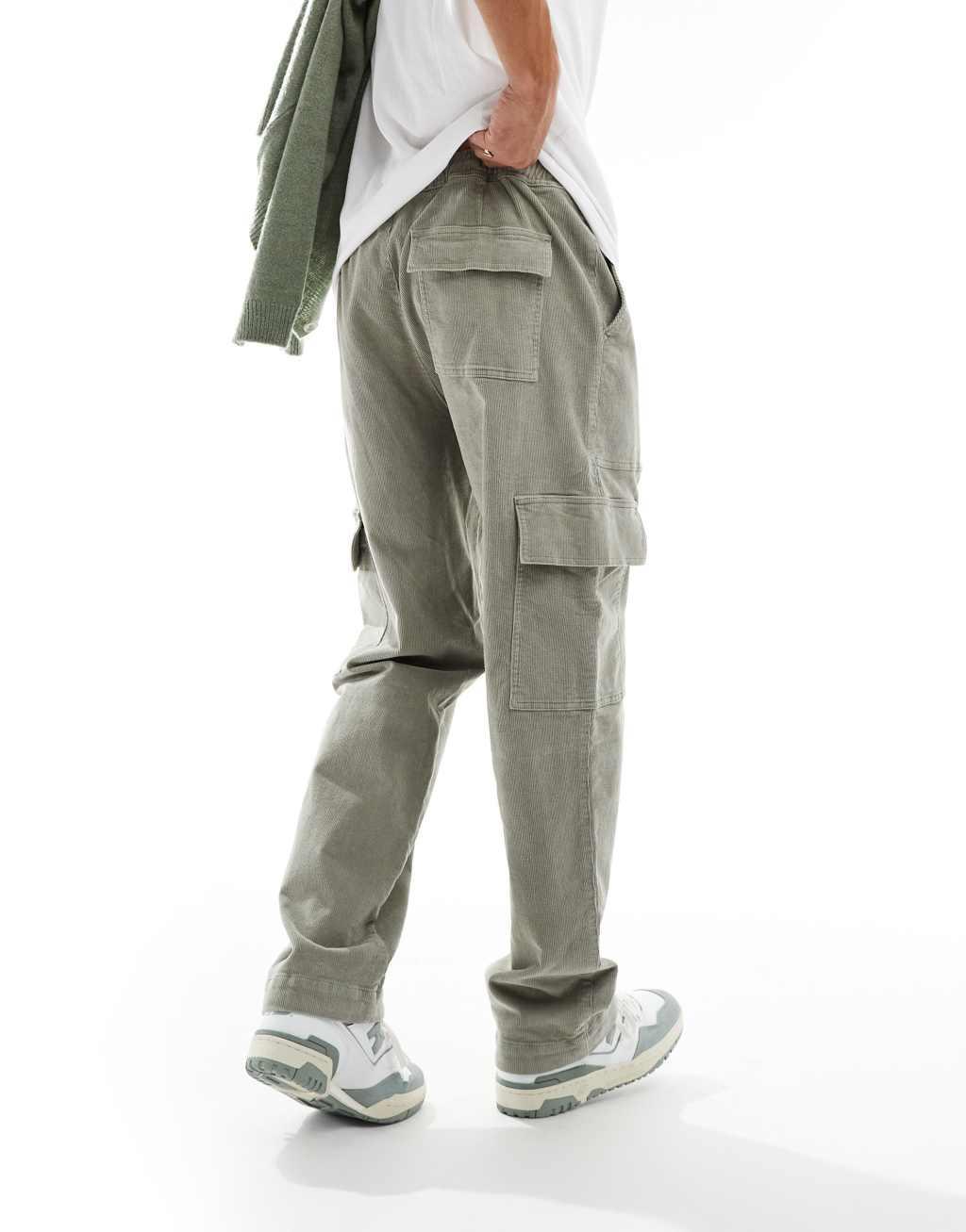 ASOS DESIGN baggy micro corduroy cargo pants in sage green Product Image