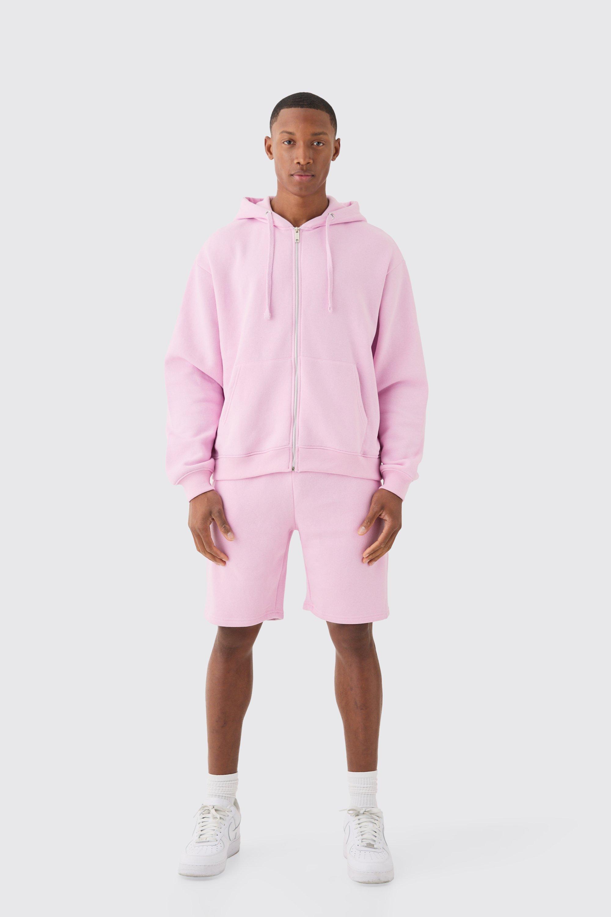 Mens Pink Oversized Boxy Zip Through Side Panel Short Tracksuit, Pink Product Image