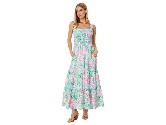 Lilly Pulitzer Hadly Smocked Cotton Maxi (Amalfi Blue Leaf It Wild) Women's Dress Product Image