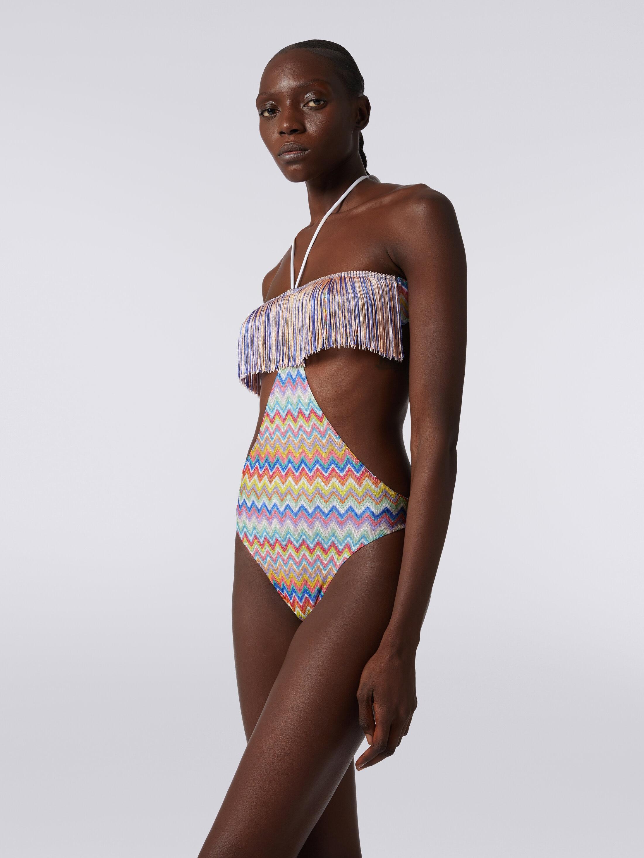 One-piece swimming costume with zigzag print and fringes Product Image