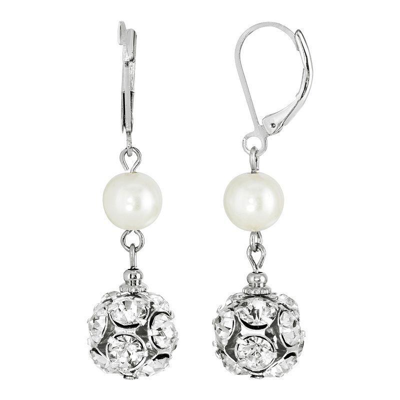 1928 Silver-Tone Faux Pearl & Crystal Fireball Drop Earrings, Womens, White Product Image