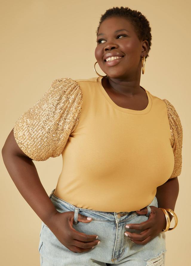 Plus Size Embellished Mesh Sleeved Top Ashley Stewart Product Image