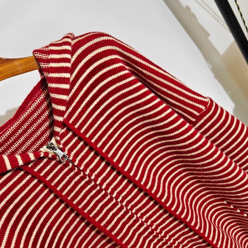 Drop Shoulder Hooded Striped Zip Up Cardigan Product Image