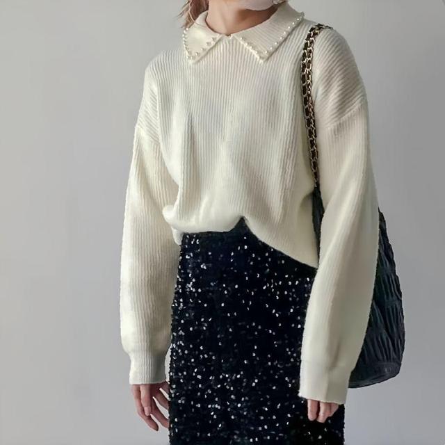 Long Sleeve Faux Pearl Collar Ribbed Sweater Product Image