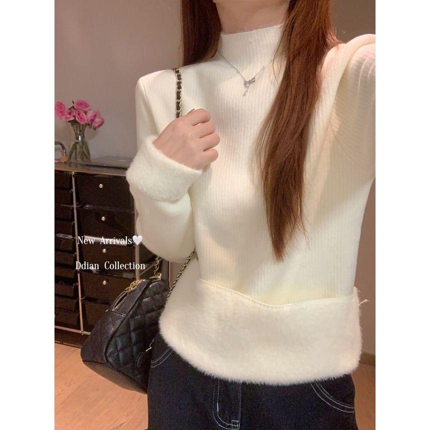 Turtleneck Plain Fluffy Cuff Ribbed Knit Sweater Product Image