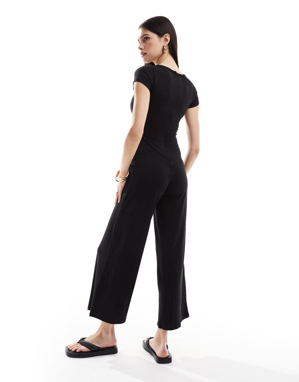 ASOS DESIGN cap sleeve slash neck jumpsuit in black Product Image