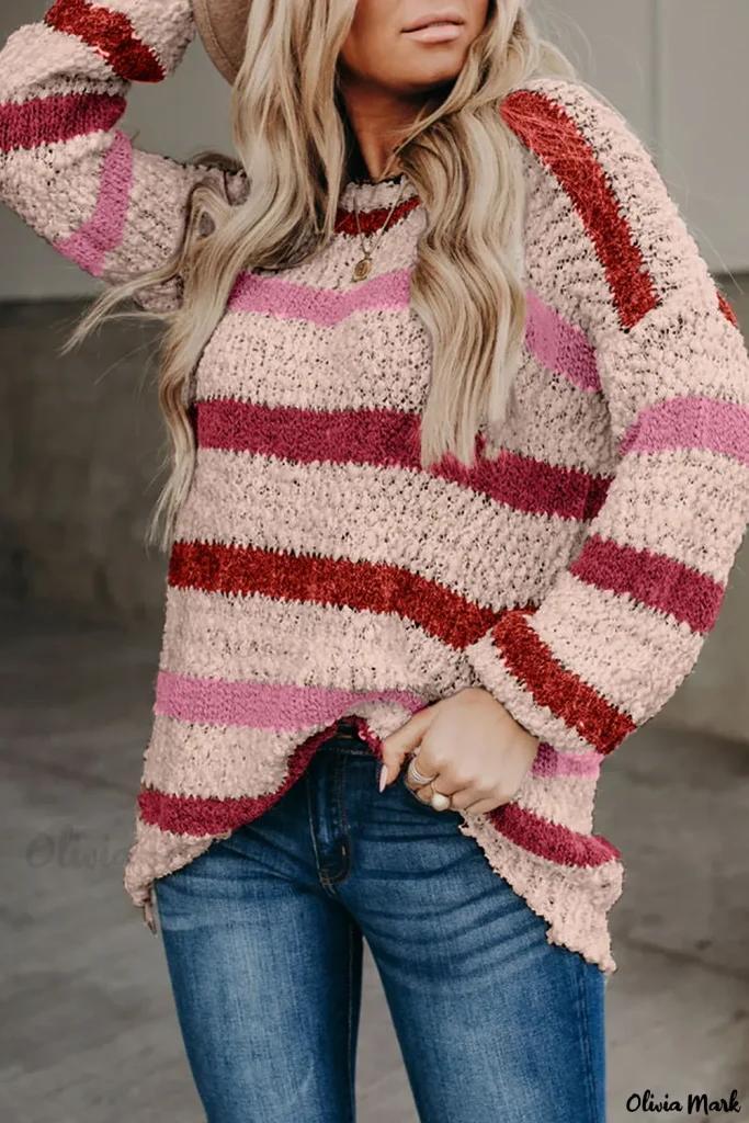 Olivia Mark – Classic Light Pink Striped Popcorn Knit Sweater Product Image