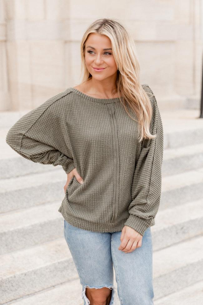 There's Something About You Olive Boat Neck Waffle Pullover FINAL SALE Product Image