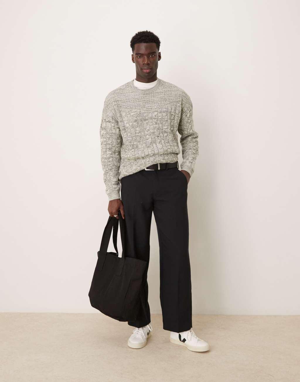 ASOS DESIGN knitted crew neck sweater with cable knit detail in khaki Product Image