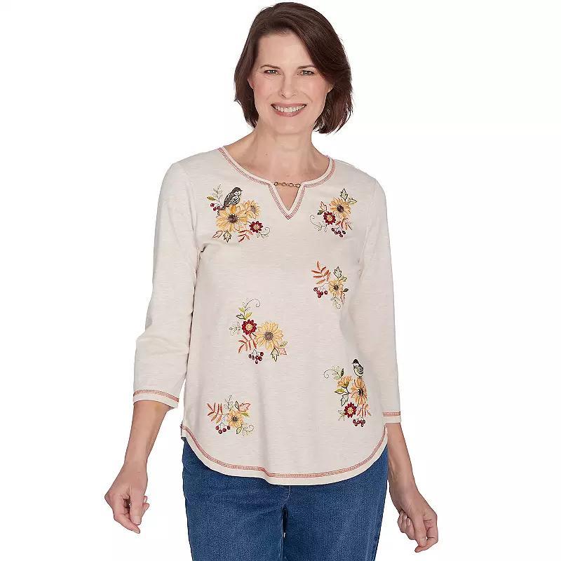 Petite Alfred Dunner Autumn Embroidery 3/4-Sleeve Top, Womens Product Image