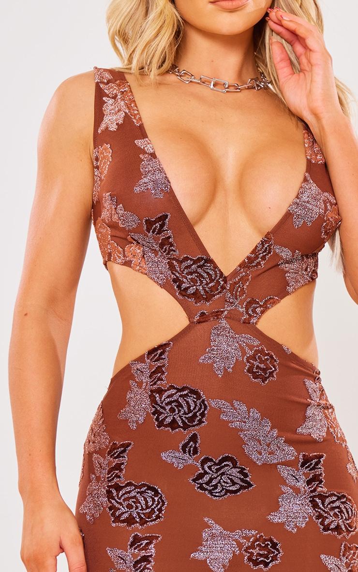 Chocolate Textured Glitter Velvet Devore Cut Out Plunge Maxi Dress Product Image