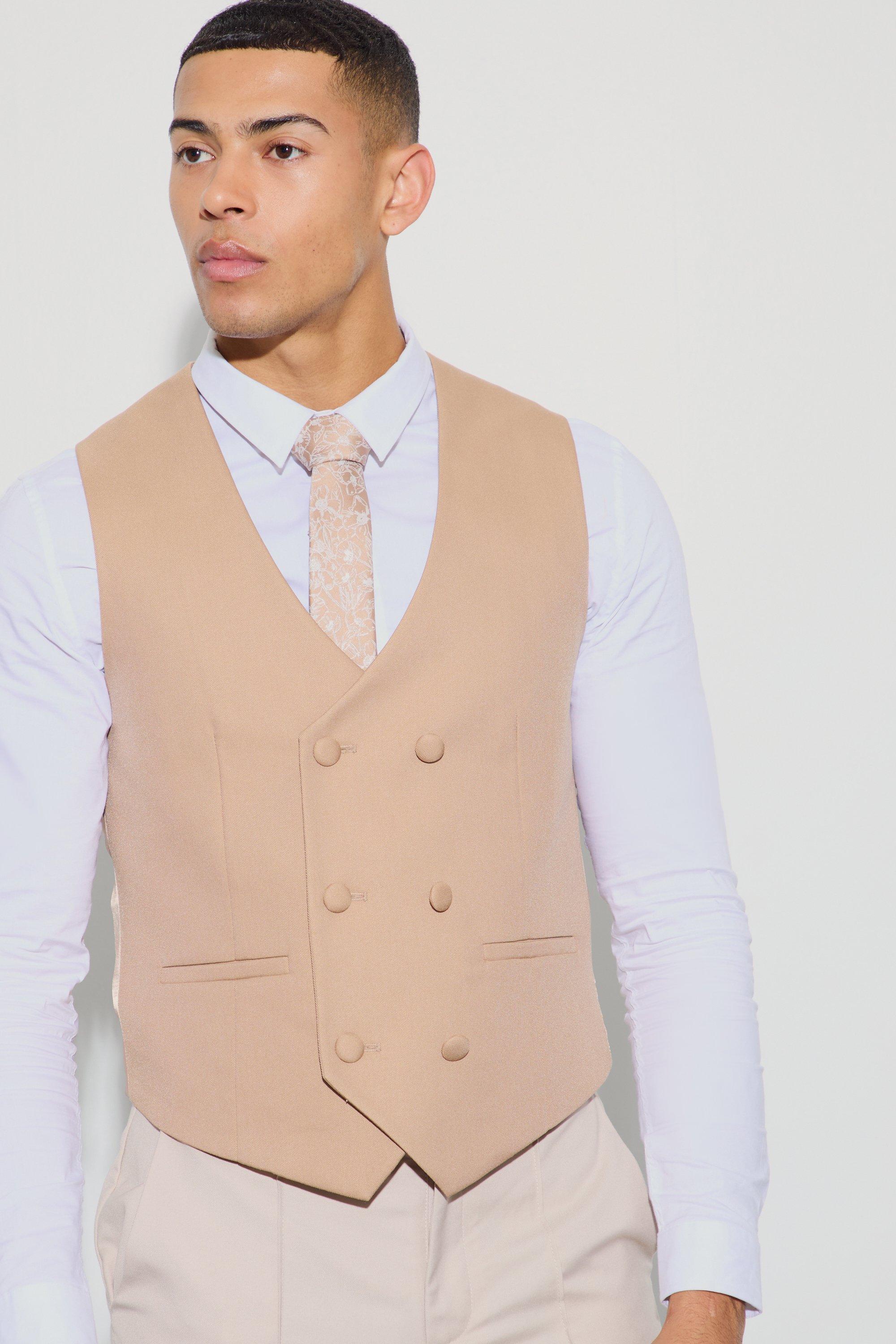 Mens Brown Textured Double Breasted Waistcoat, Brown Product Image