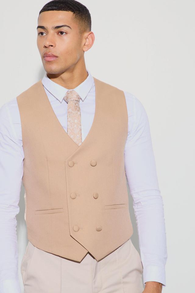 Mens Brown Textured Double Breasted Waistcoat, Brown Product Image