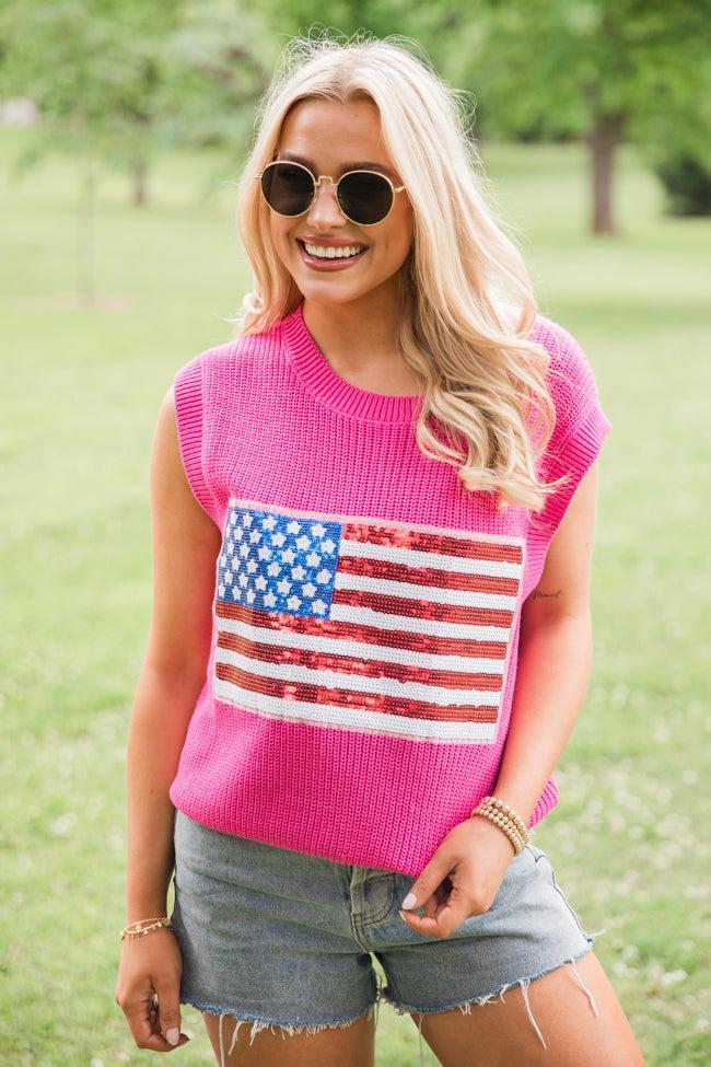 American Dream Pink Sequin Flag Patch Sweater Tank FINAL SALE Product Image