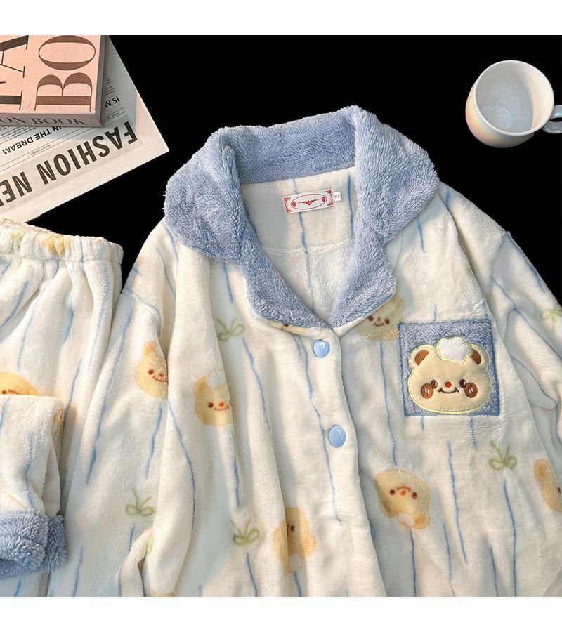 Pajama Set: Bear Applique Jacket + Pants Product Image