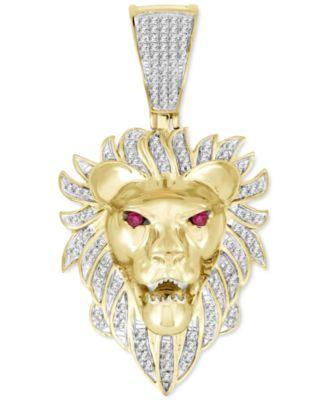 Mens Diamond (1/5 ct. t.w.) & Ruby Accent Lion Pendant in 10k Gold Product Image