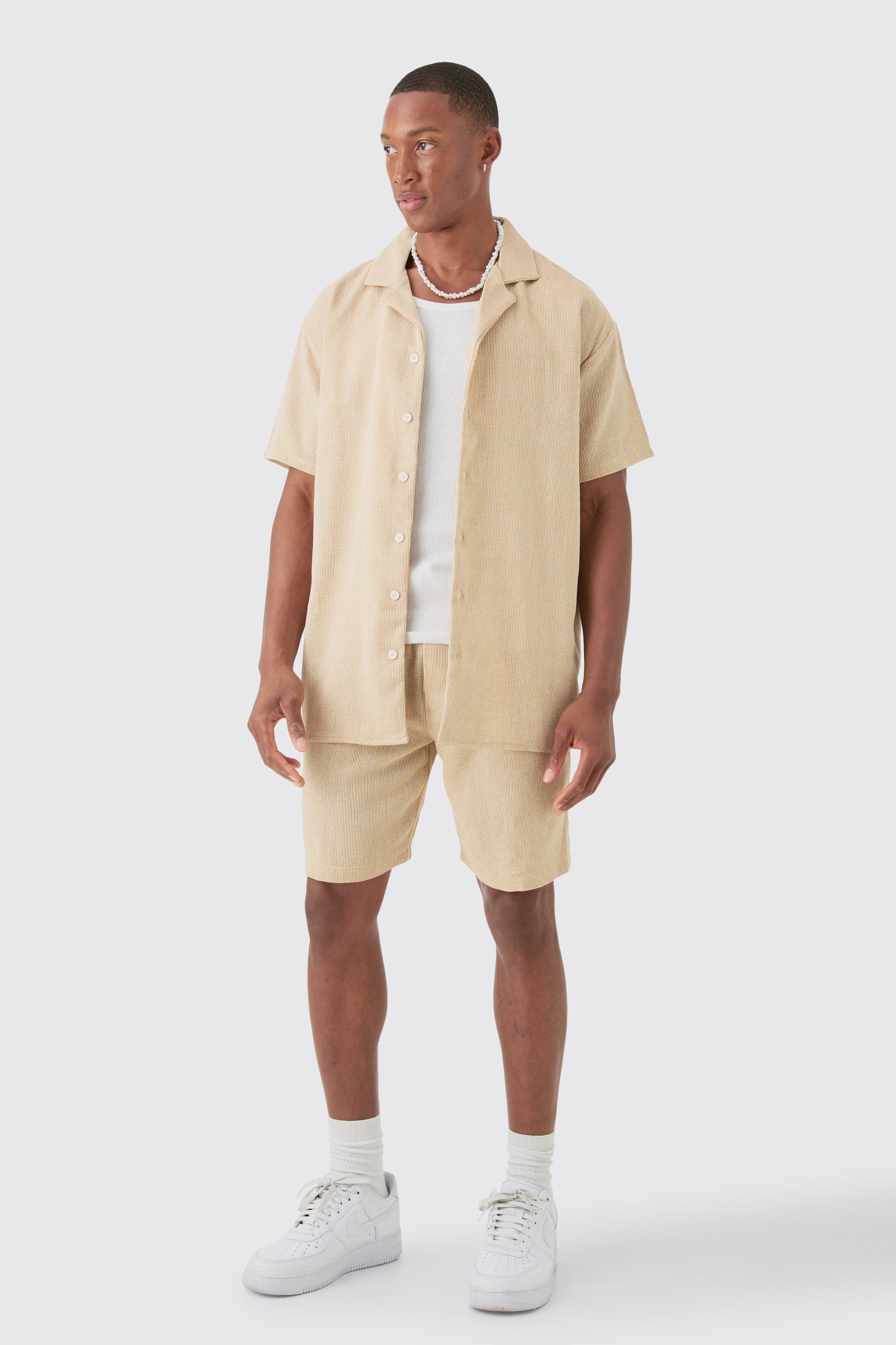 Mens Beige Short Sleeve Oversized Textured Shirt & Short, Beige Product Image